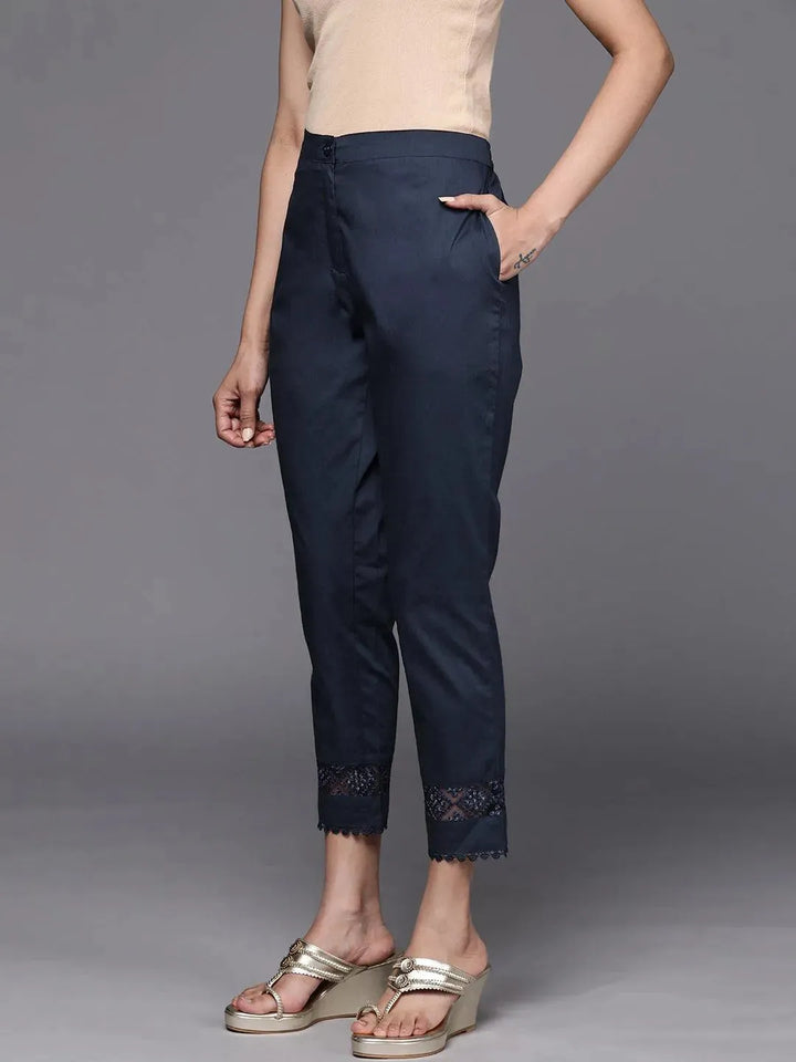 Navy Blue Solid Cotton Trousers - Libas