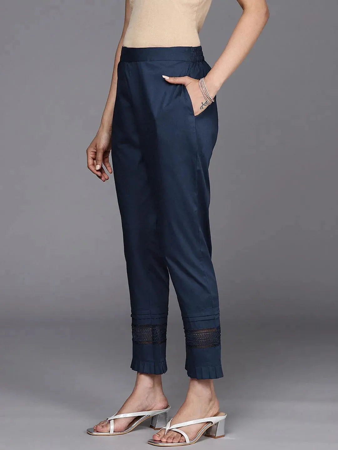 Navy Blue Solid Cotton Trousers - Libas