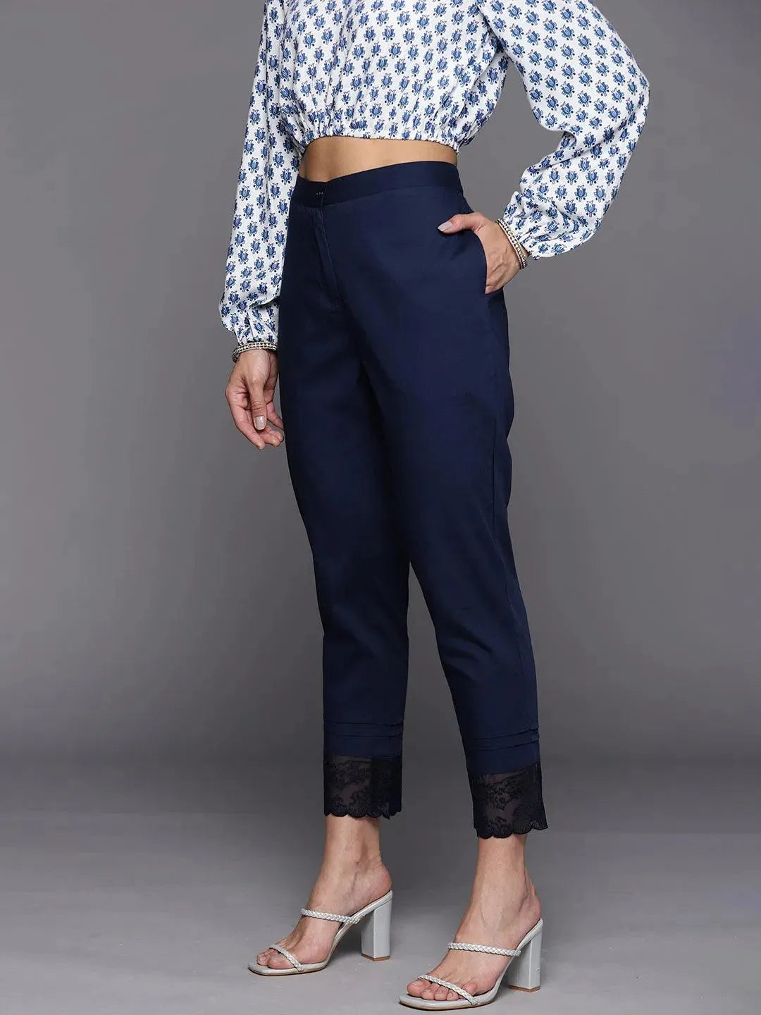Navy Blue Solid Cotton Trousers - Libas 