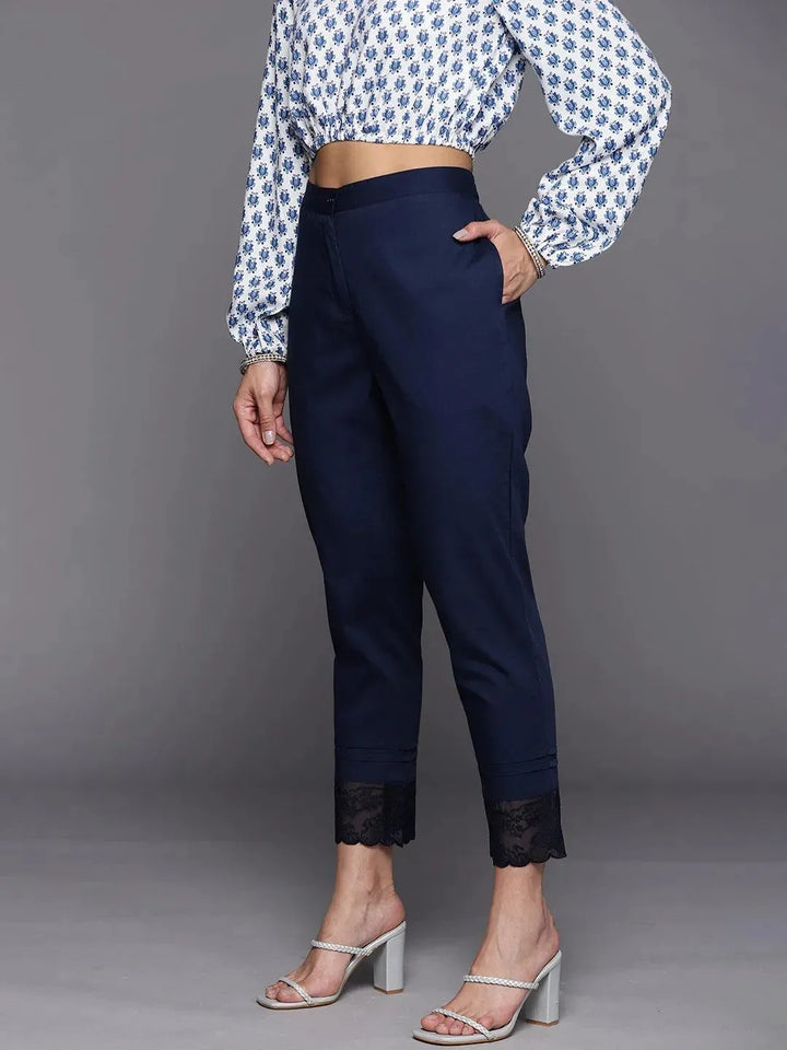 Navy Blue Solid Cotton Trousers - Libas