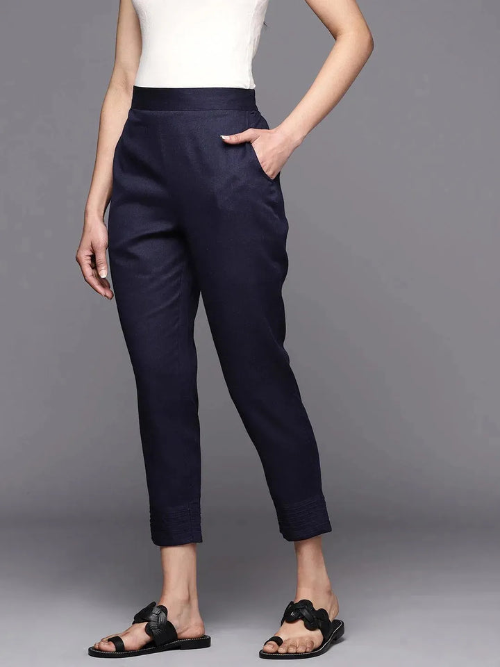 Navy Blue Solid Cotton Trousers - Libas