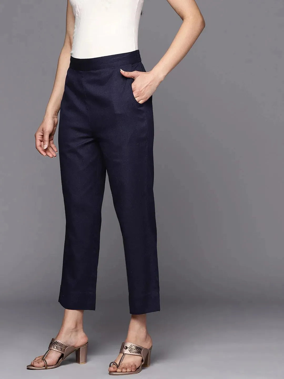 Navy Blue Solid Cotton Trousers - Libas