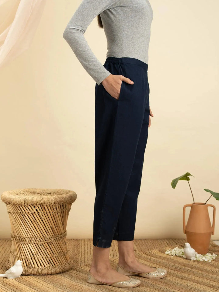 Navy Blue Solid Cotton Trousers - Libas