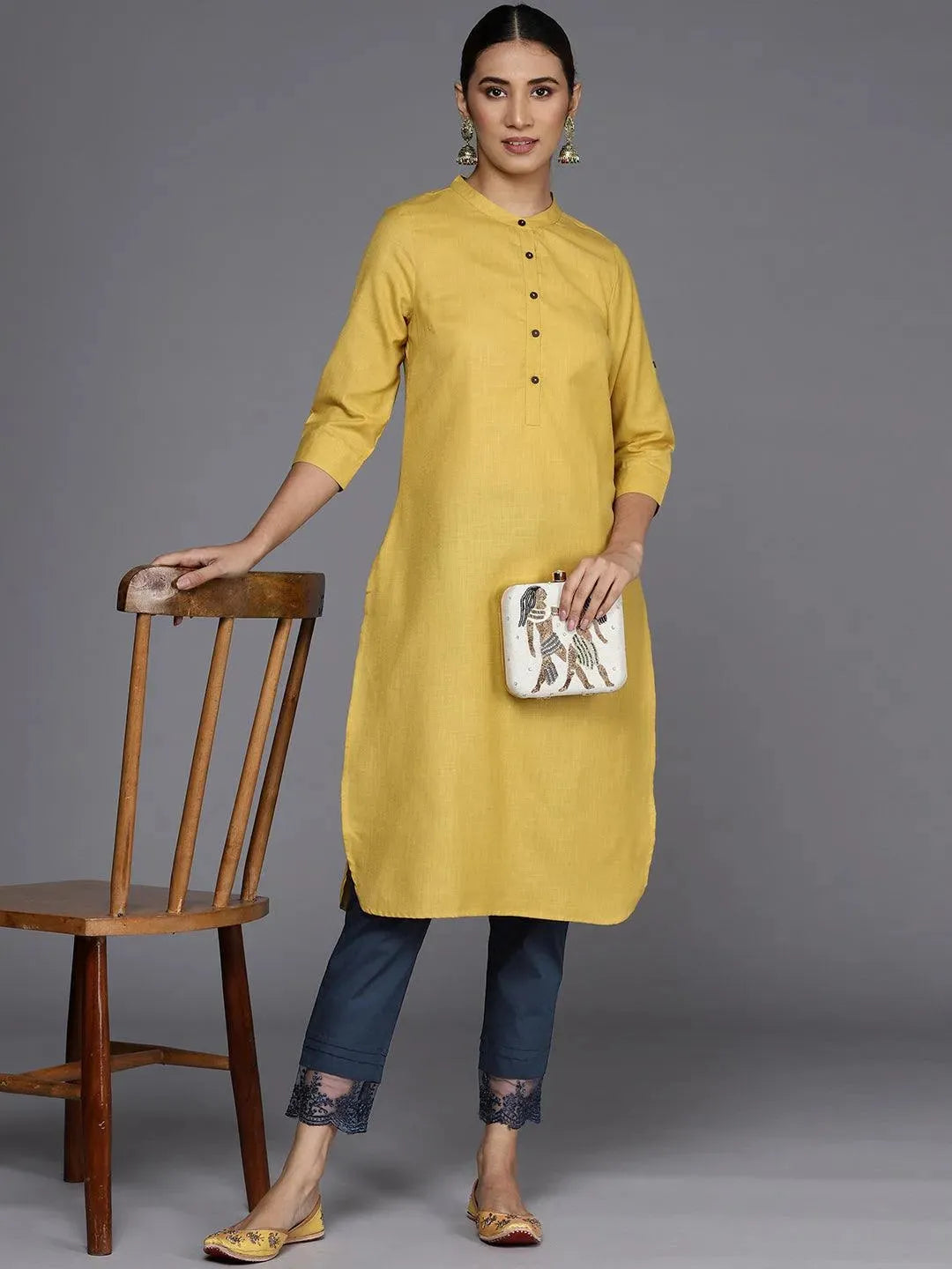 Navy Blue Solid Cotton Trousers - Libas 