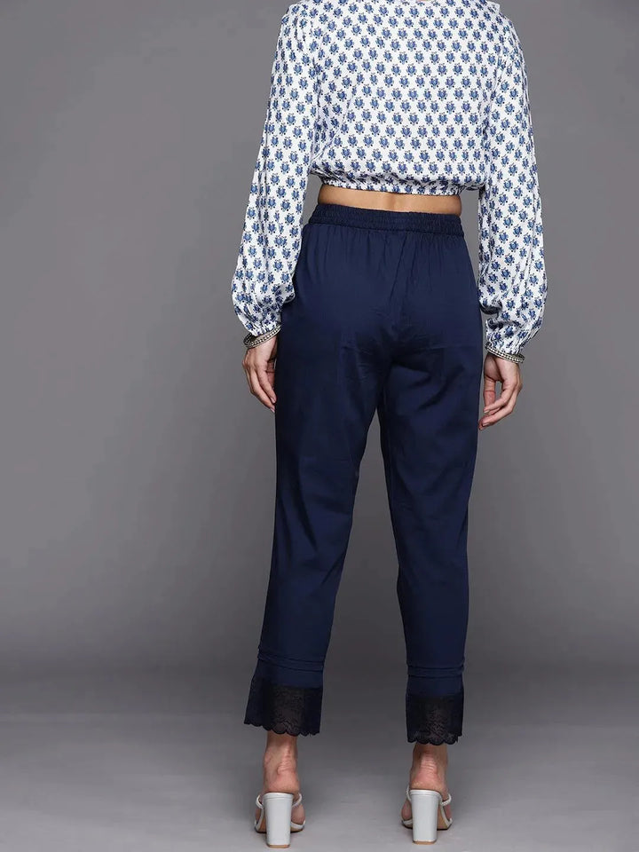 Navy Blue Solid Cotton Trousers - Libas