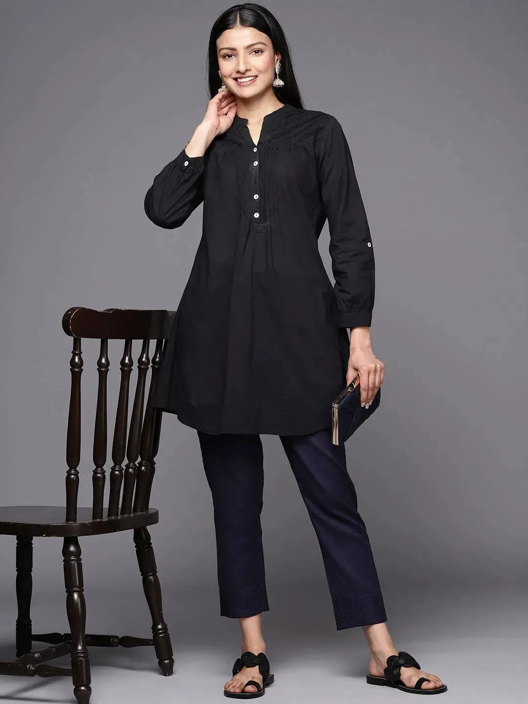 Navy Blue Solid Cotton Trousers - Libas 