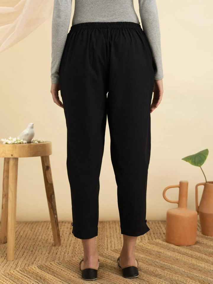 Navy Blue Solid Cotton Trousers - Libas