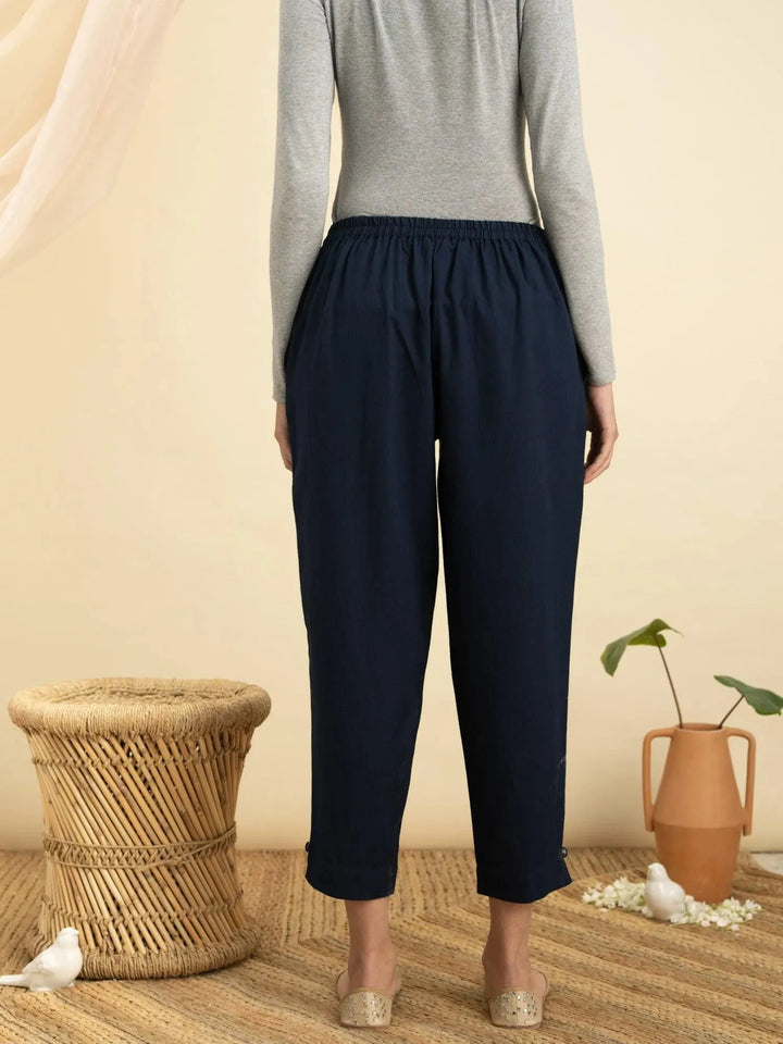 Navy Blue Solid Cotton Trousers - Libas