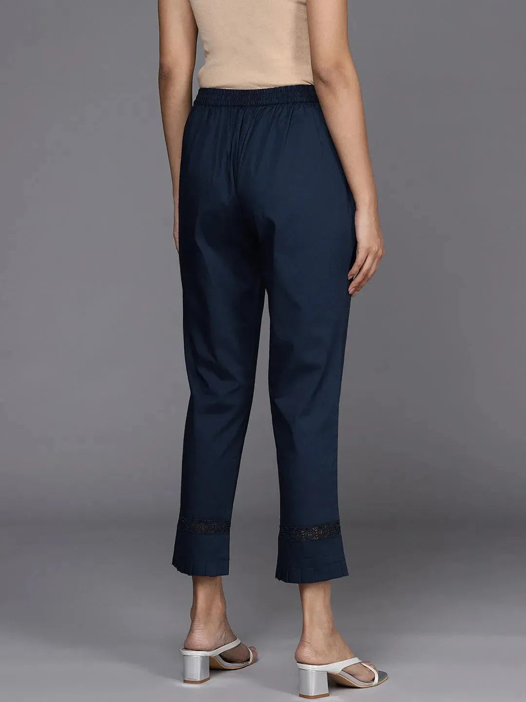 Navy Blue Solid Cotton Trousers - Libas