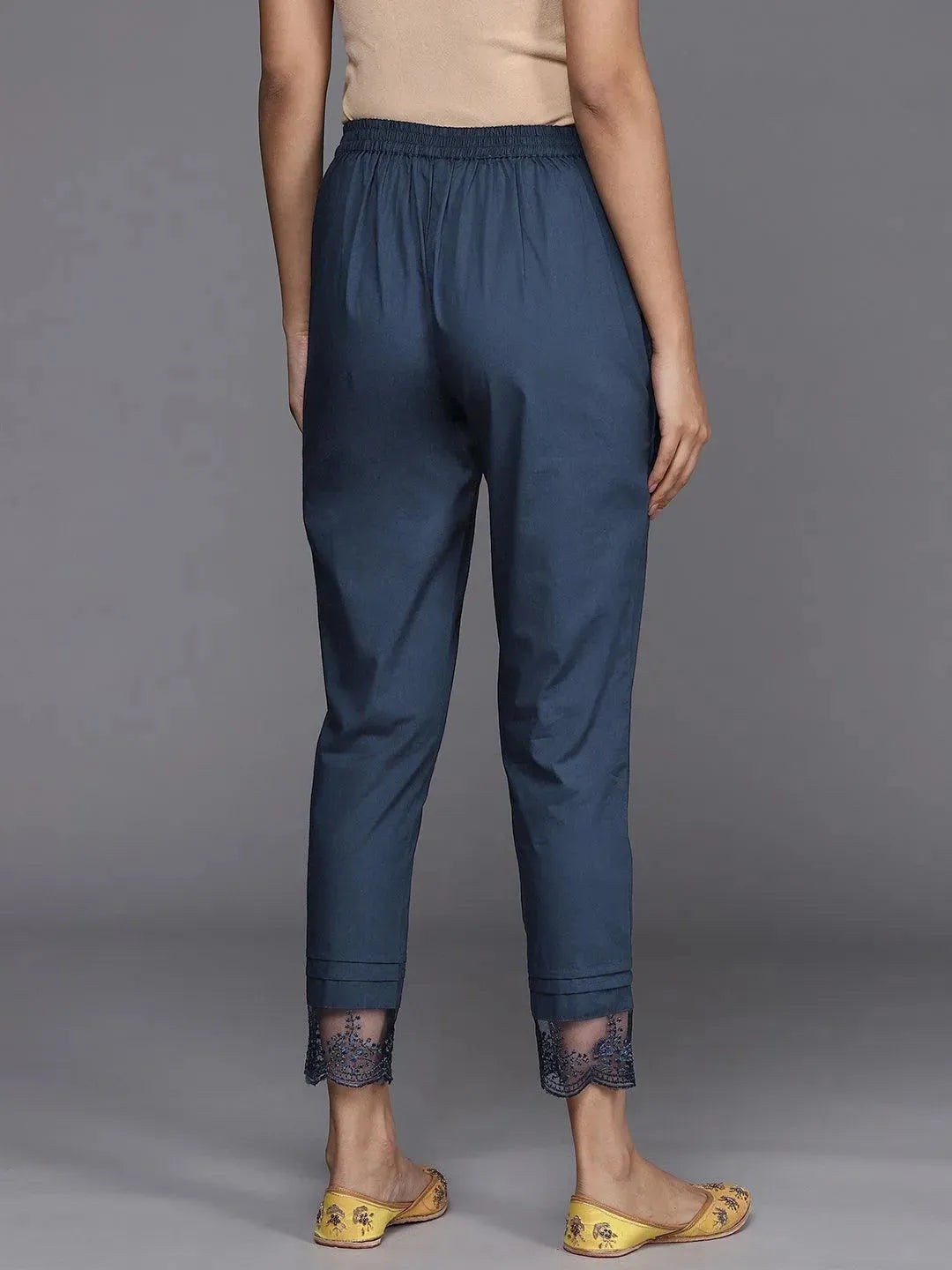 Navy Blue Solid Cotton Trousers - Libas