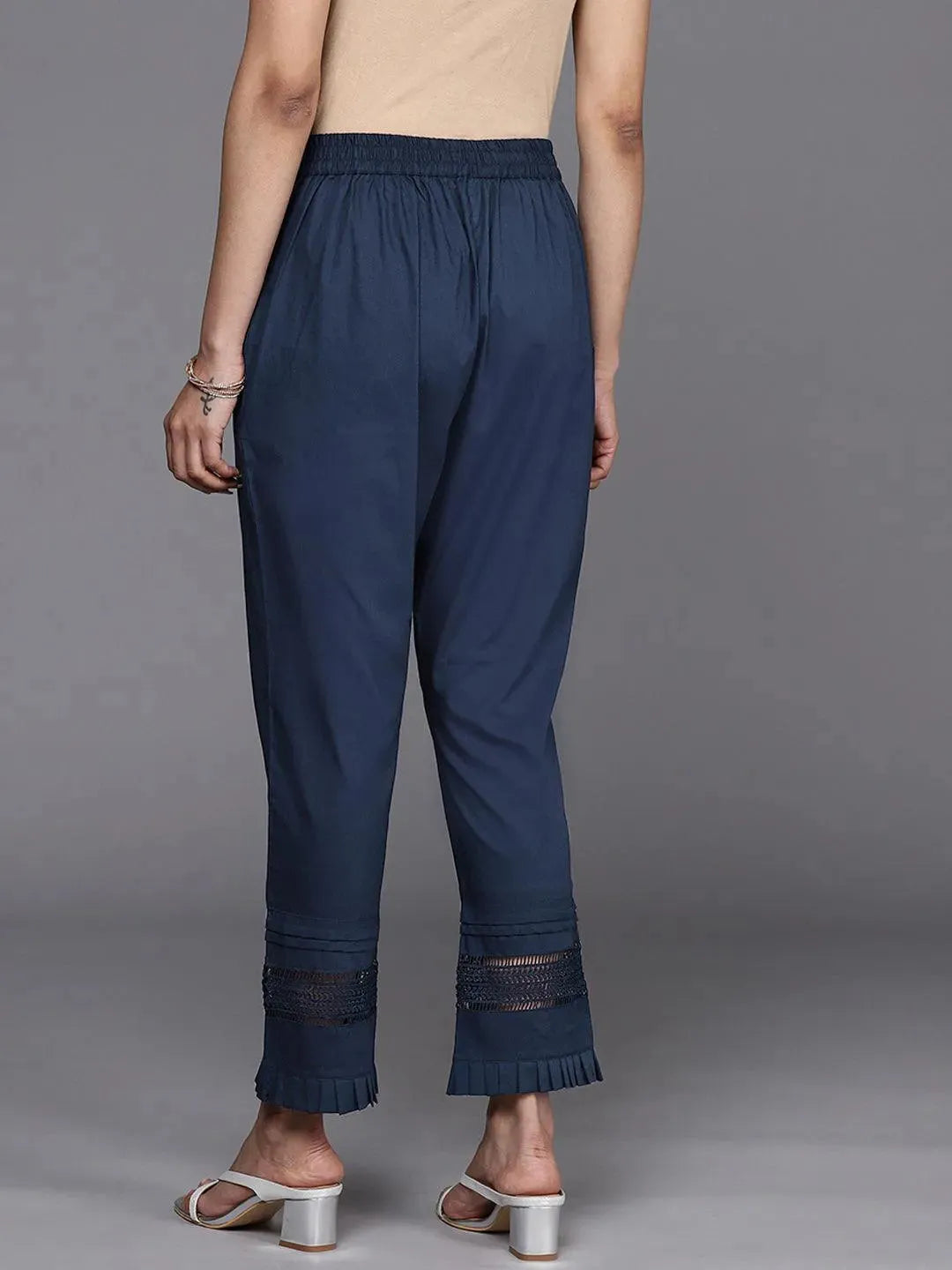 Navy Blue Solid Cotton Trousers - Libas 