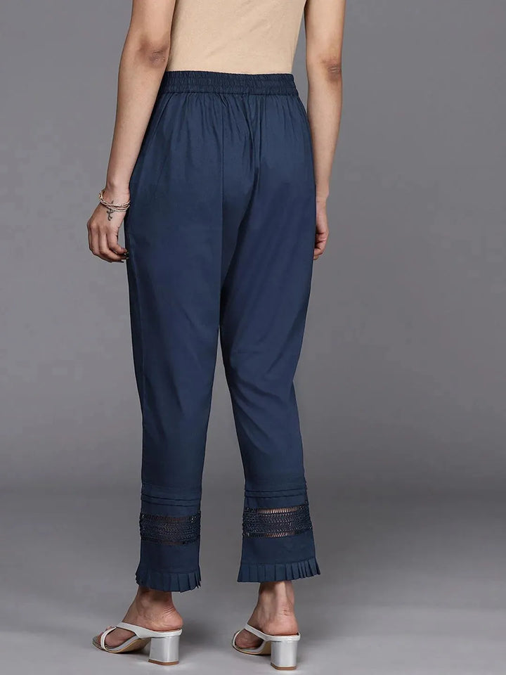 Navy Blue Solid Cotton Trousers - Libas