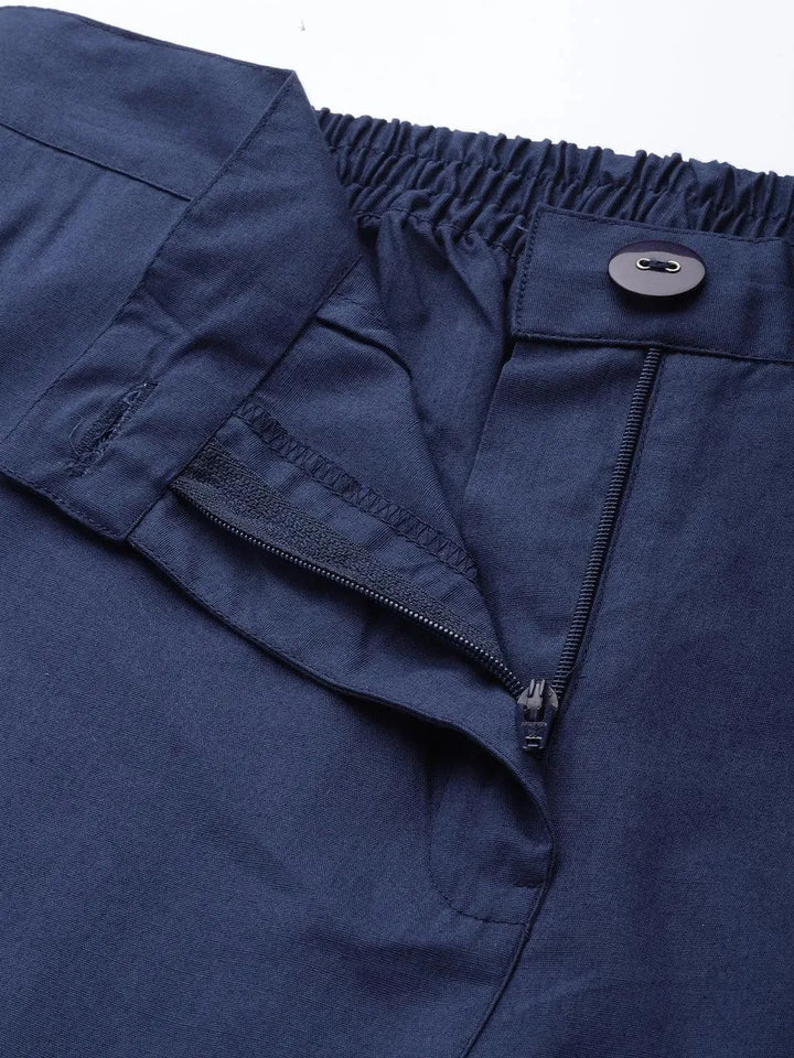 Navy Blue Solid Cotton Trousers - Libas