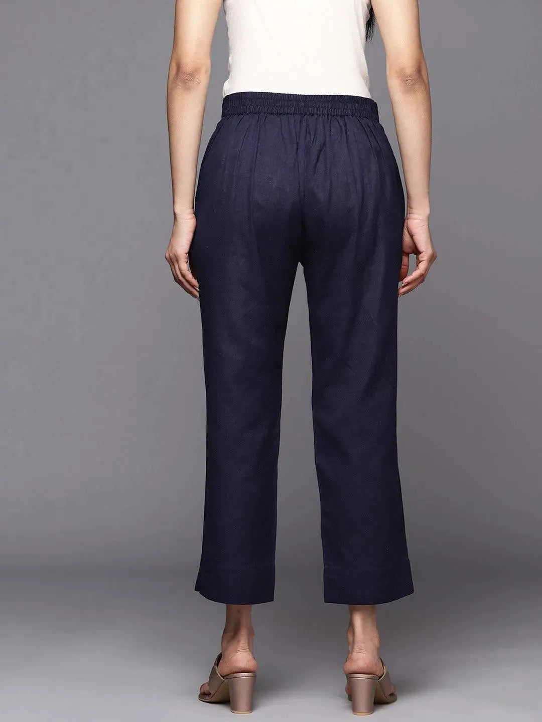Navy Blue Solid Cotton Trousers - Libas 