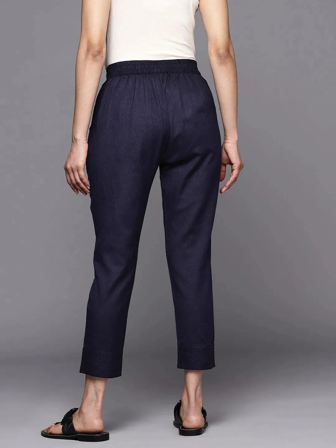 Navy Blue Solid Cotton Trousers - Libas 