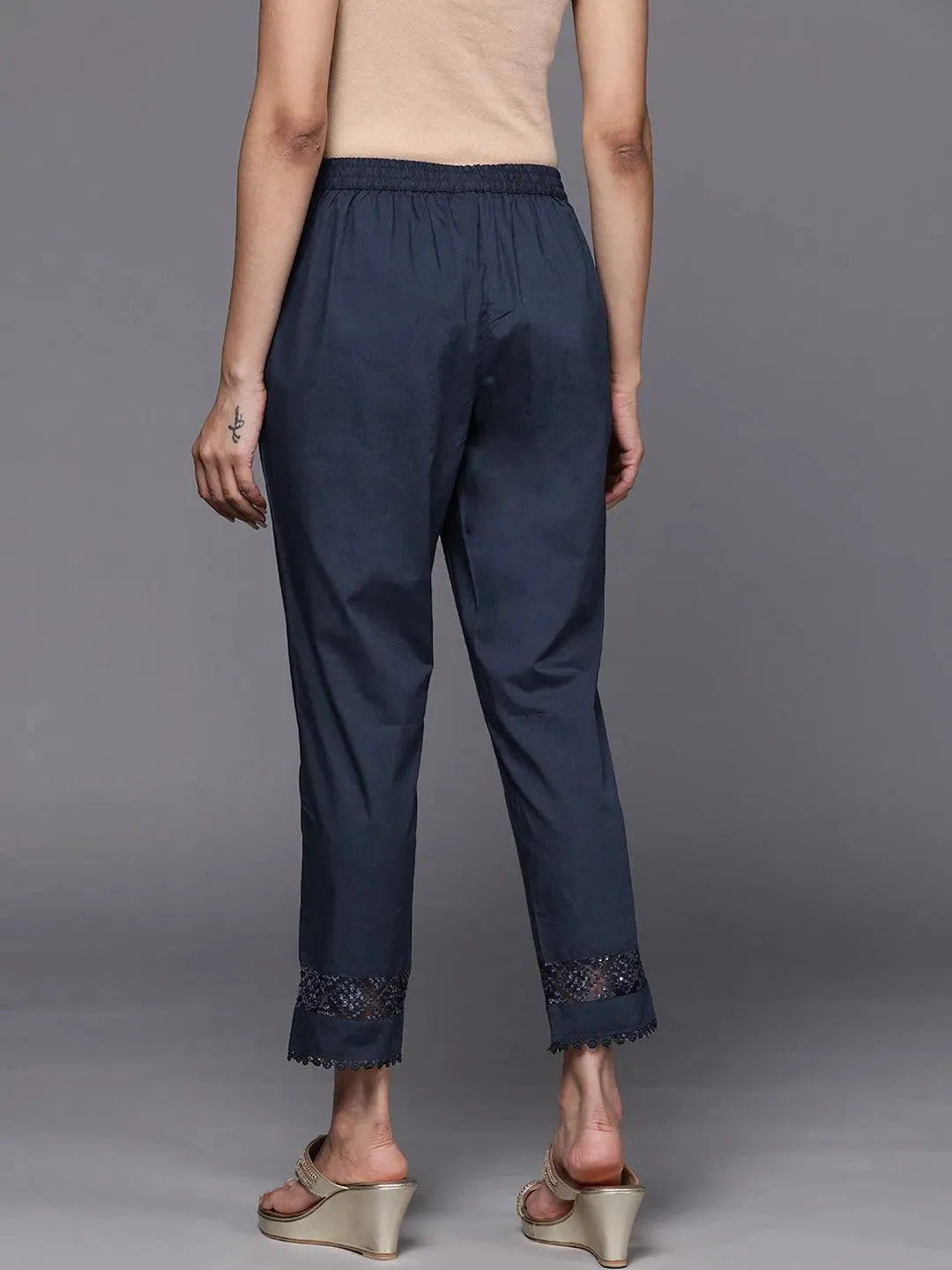 Navy Blue Solid Cotton Trousers - Libas