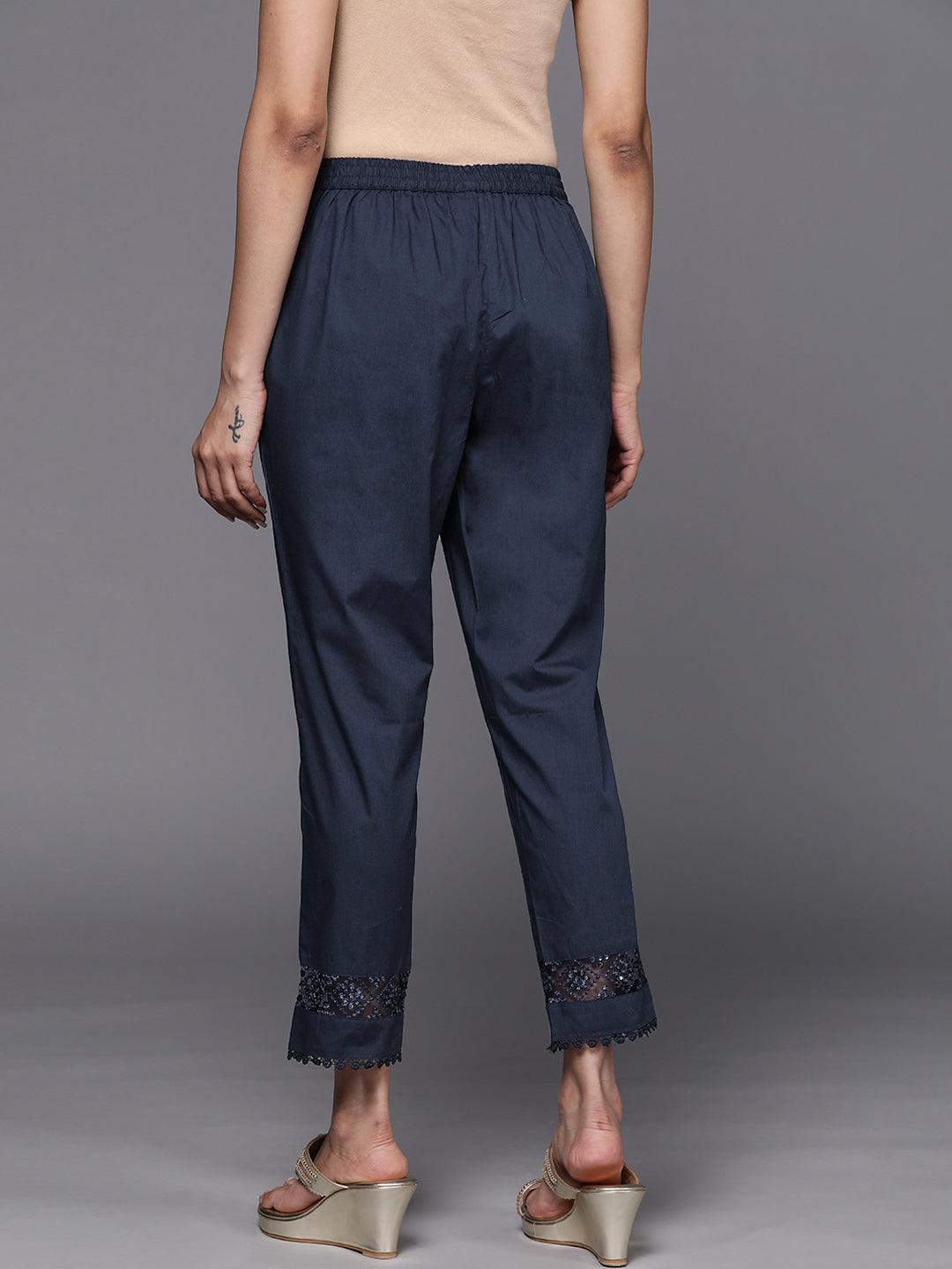 Navy Blue Solid Cotton Trousers - Libas