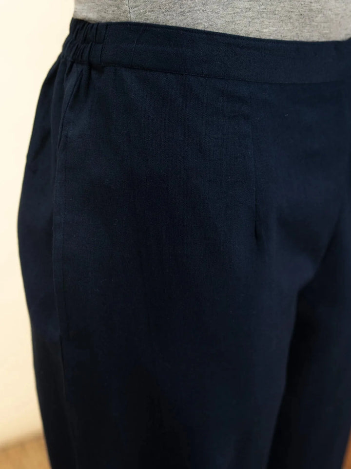 Navy Blue Solid Cotton Trousers - Libas