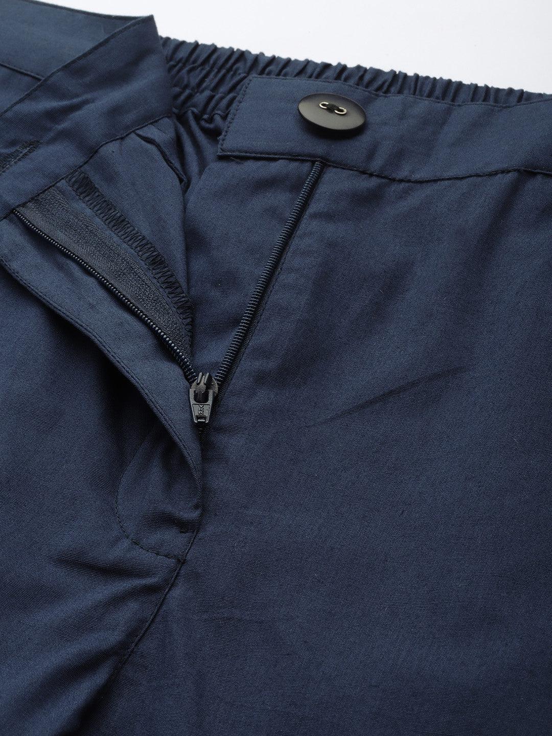 Navy Blue Solid Cotton Trousers