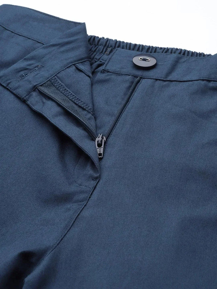 Navy Blue Solid Cotton Trousers - Libas