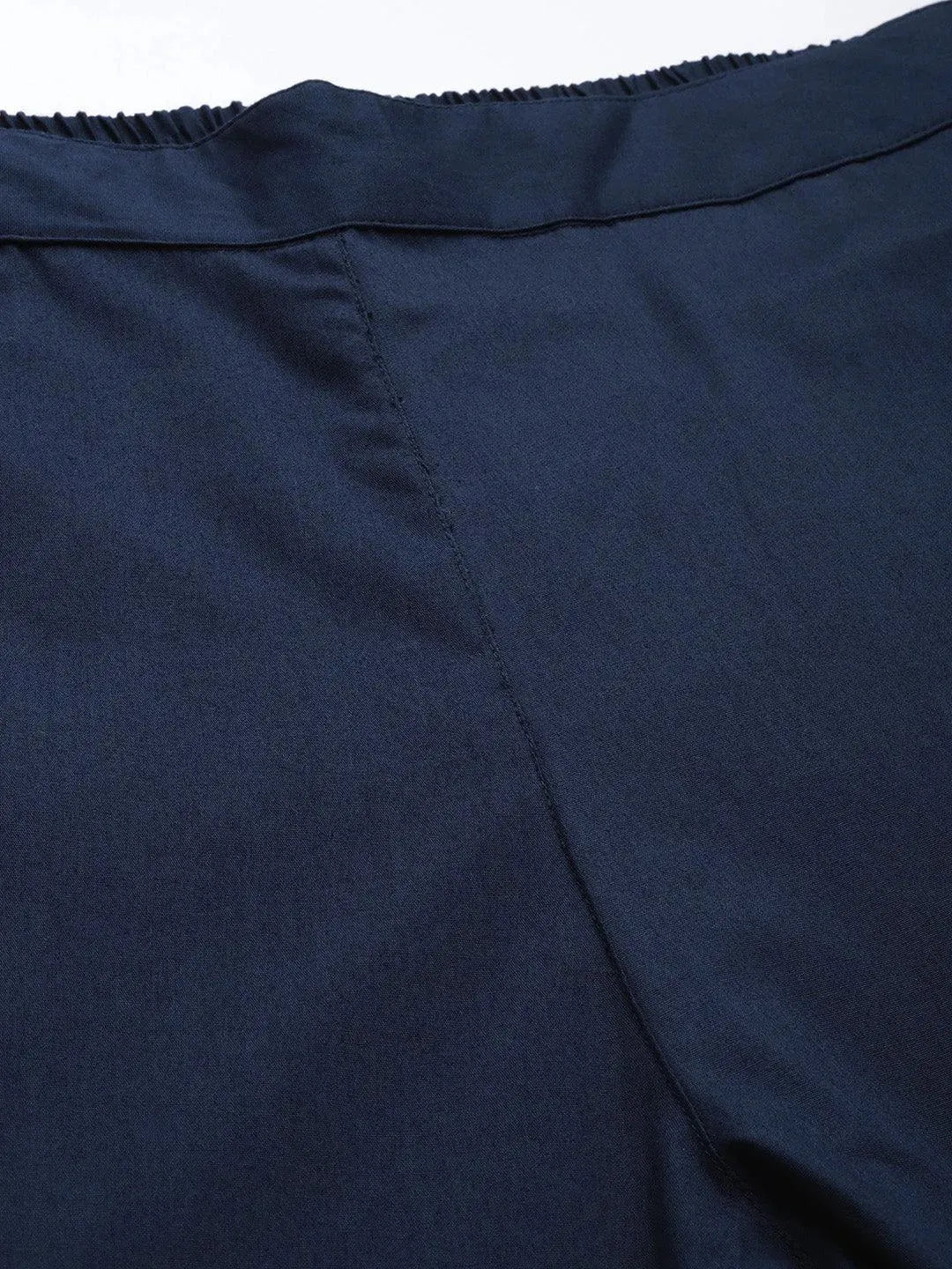 Navy Blue Solid Cotton Trousers - Libas 