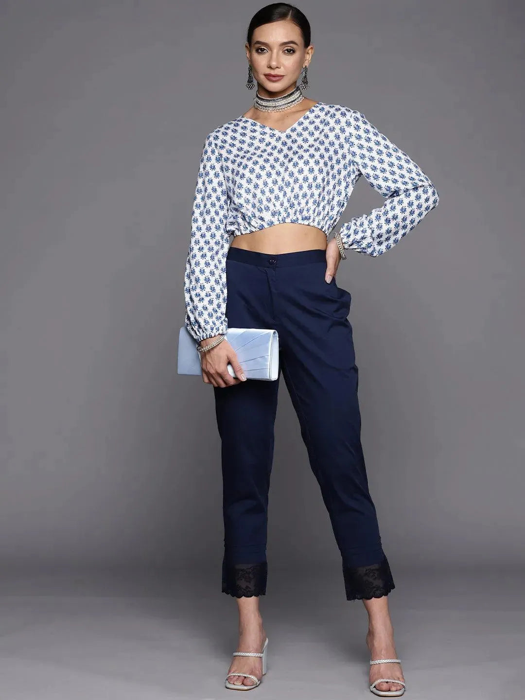 Navy Blue Solid Cotton Trousers - Libas 