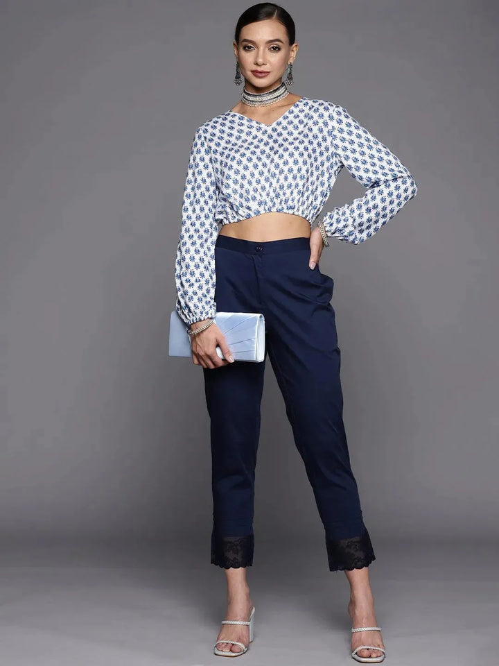 Navy Blue Solid Cotton Trousers - Libas