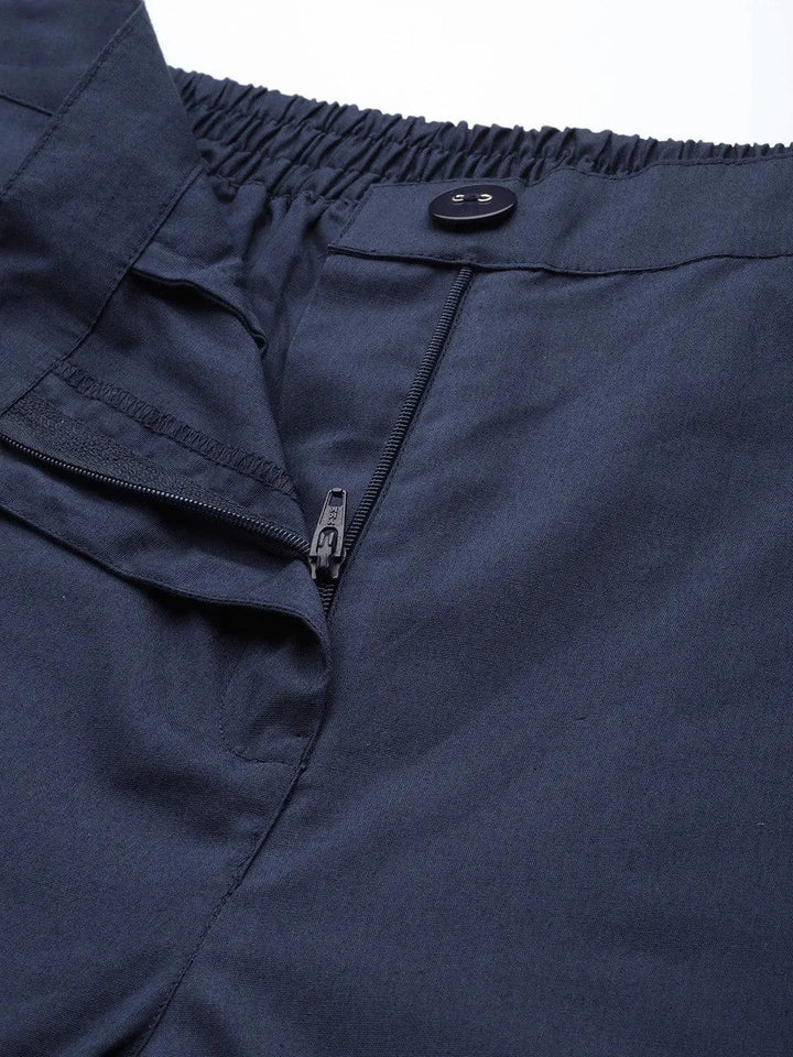 Navy Blue Solid Cotton Trousers - Libas