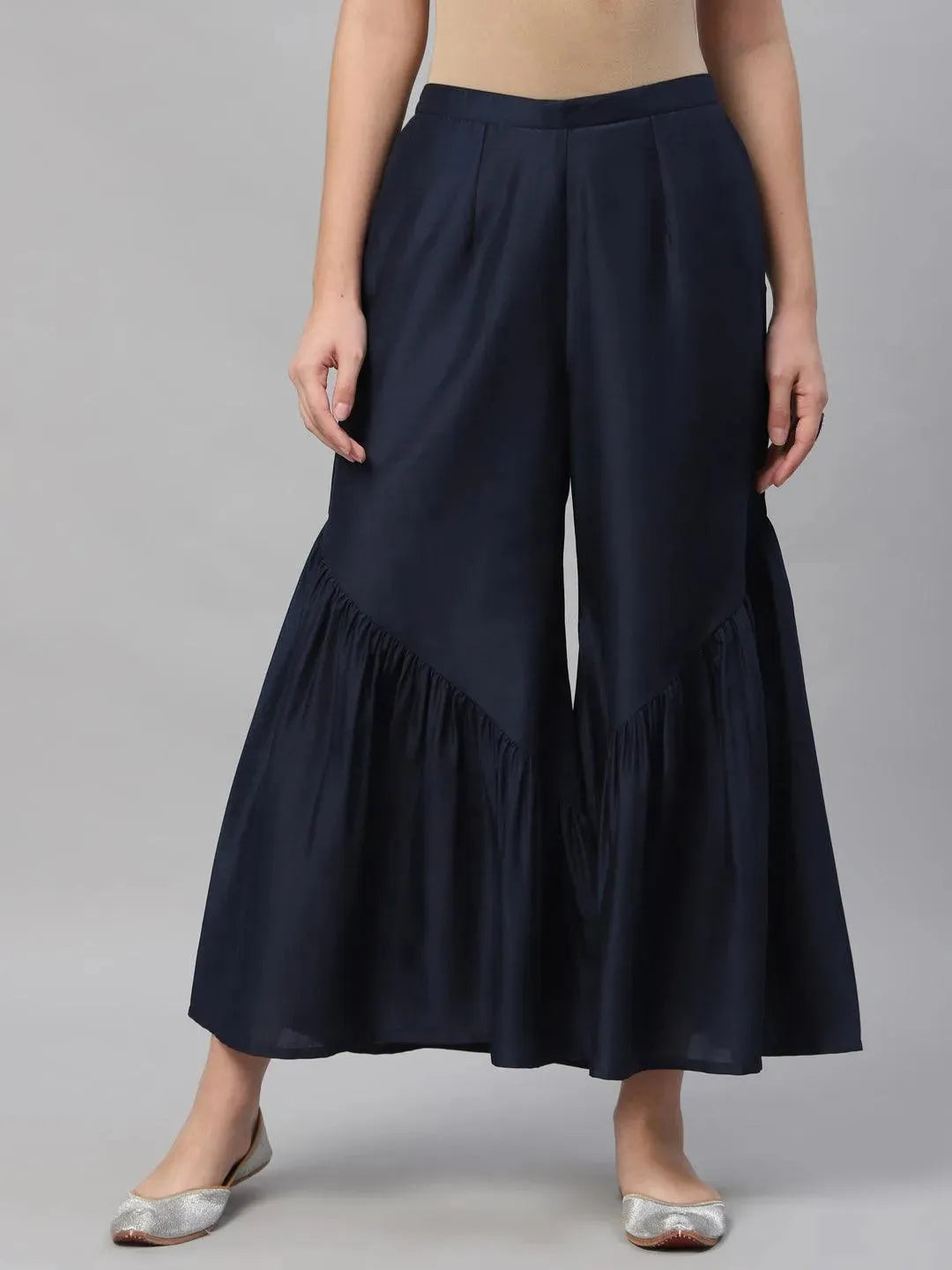 Navy Blue Solid Polyester Sharara Pants - Libas