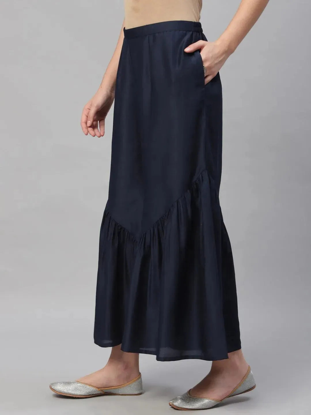 Navy Blue Solid Polyester Sharara Pants - Libas 