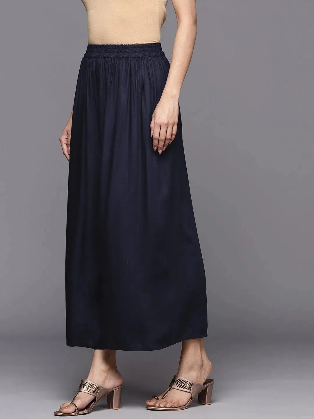 Navy Blue Solid Rayon Palazzos - Libas