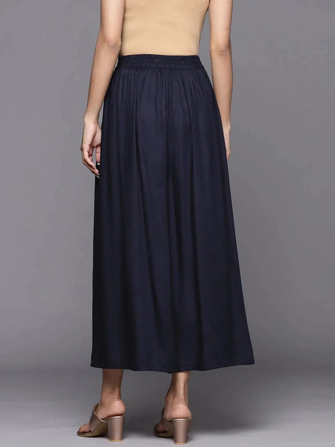 Navy Blue Solid Rayon Palazzos - Libas 