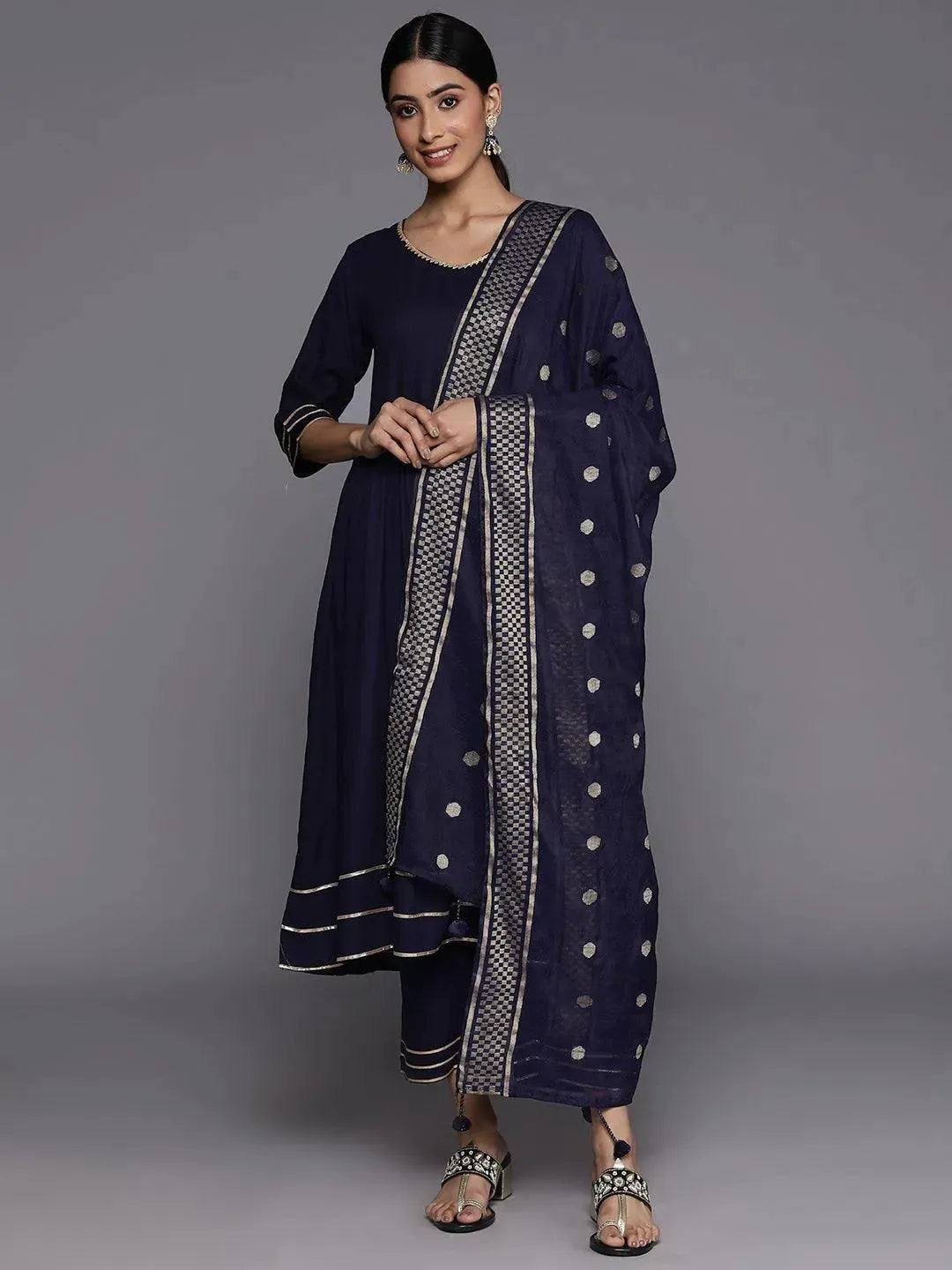 Navy Blue Solid Rayon Suit Set With Trousers - Libas