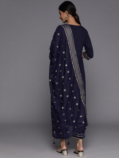 Navy Blue Solid Rayon Suit Set With Trousers - Libas