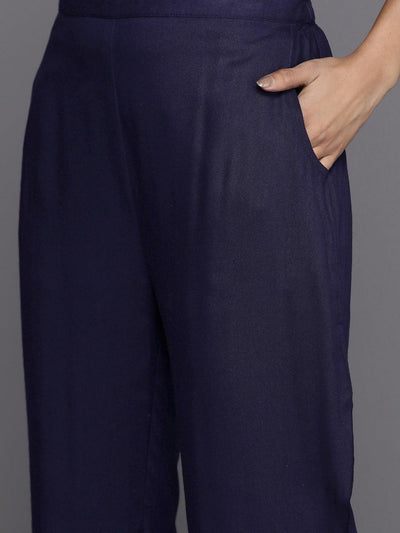 Navy Blue Solid Rayon Suit Set With Trousers - Libas