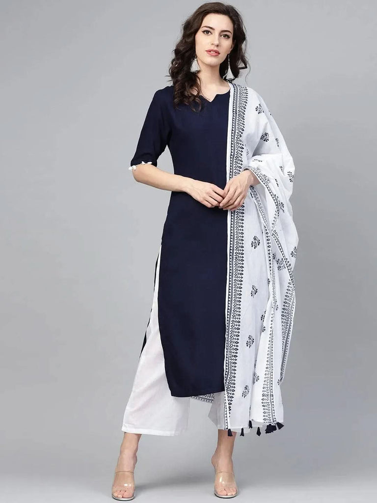 Libas Navy Blue Solid Rayon Straight Kurta With Palazzos & Dupatta