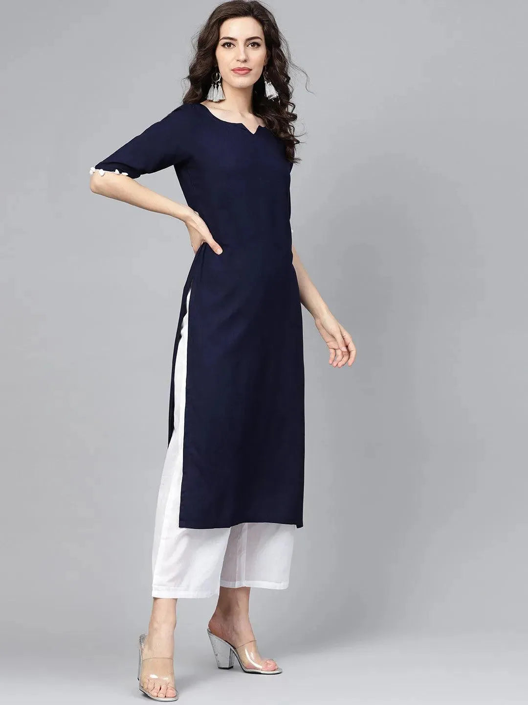 Navy Blue Solid Rayon Suit Set - Libas 