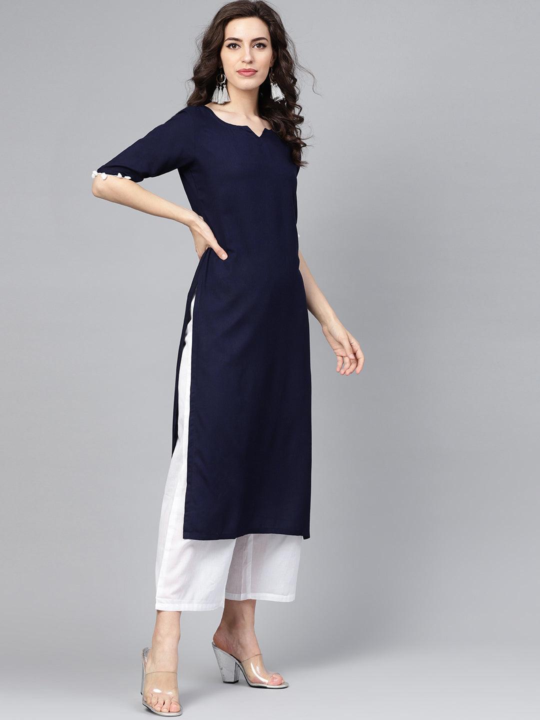 Navy Blue Solid Rayon Suit Set - Libas