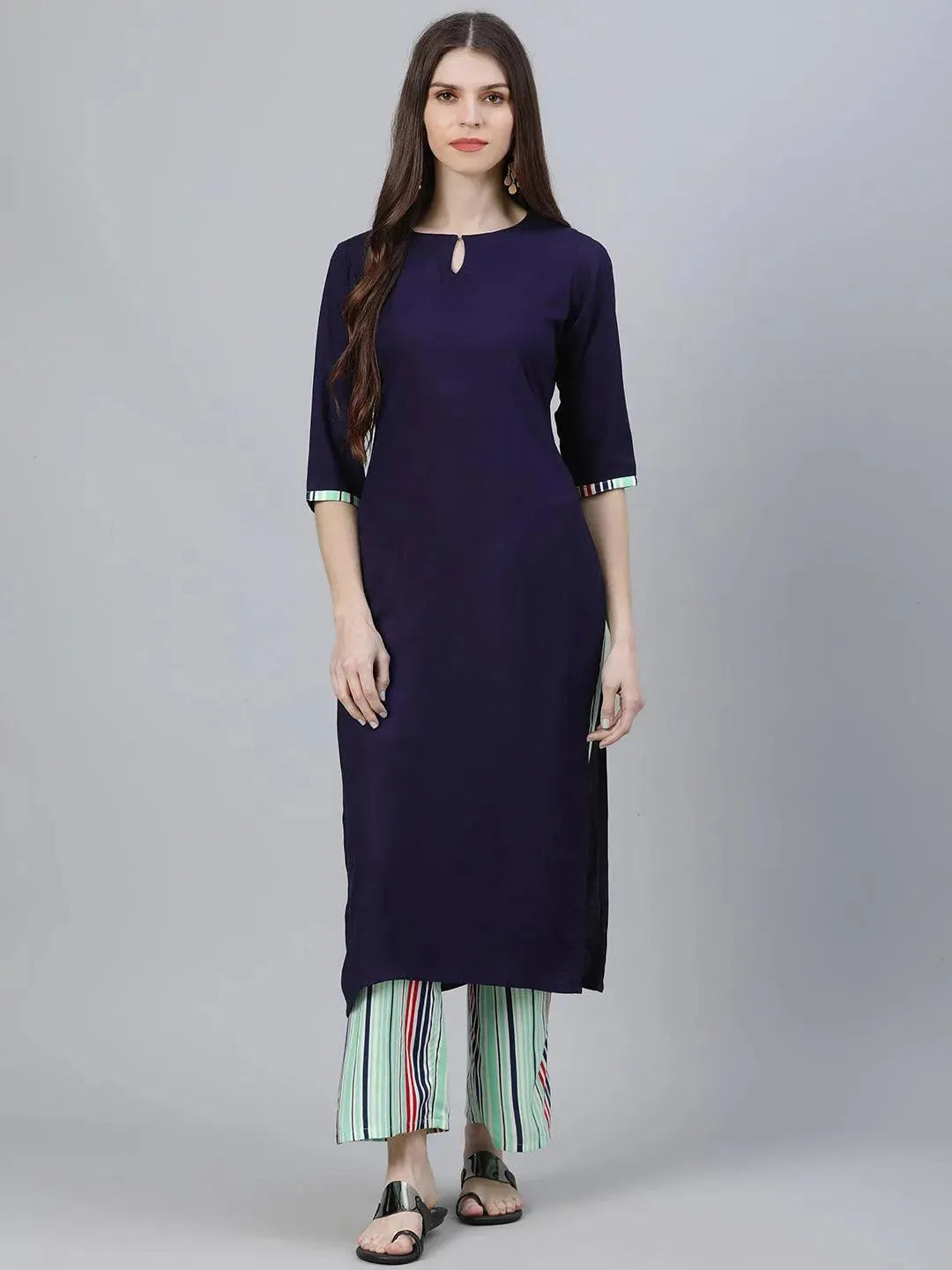 Navy Blue Solid Rayon Kurta Set - Libas
