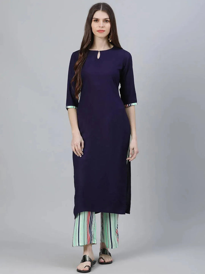 Navy Blue Solid Rayon Kurta Set - Libas