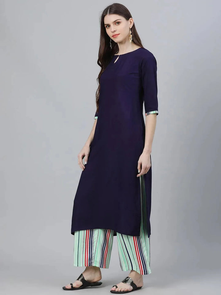 Navy Blue Solid Rayon Kurta Set - Libas