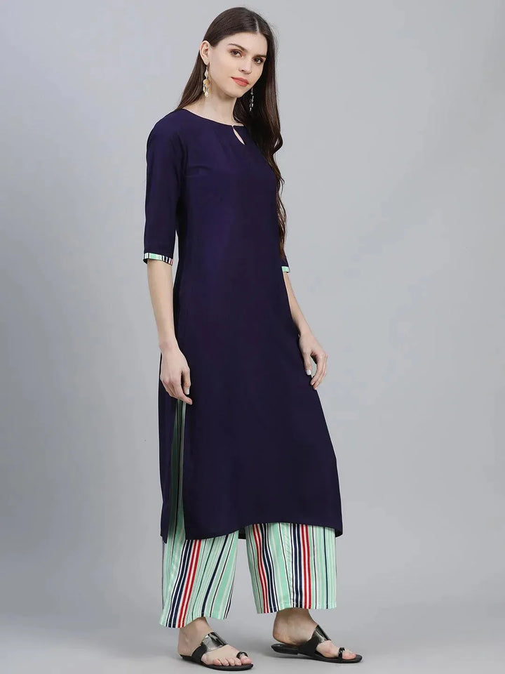 Navy Blue Solid Rayon Kurta Set - Libas