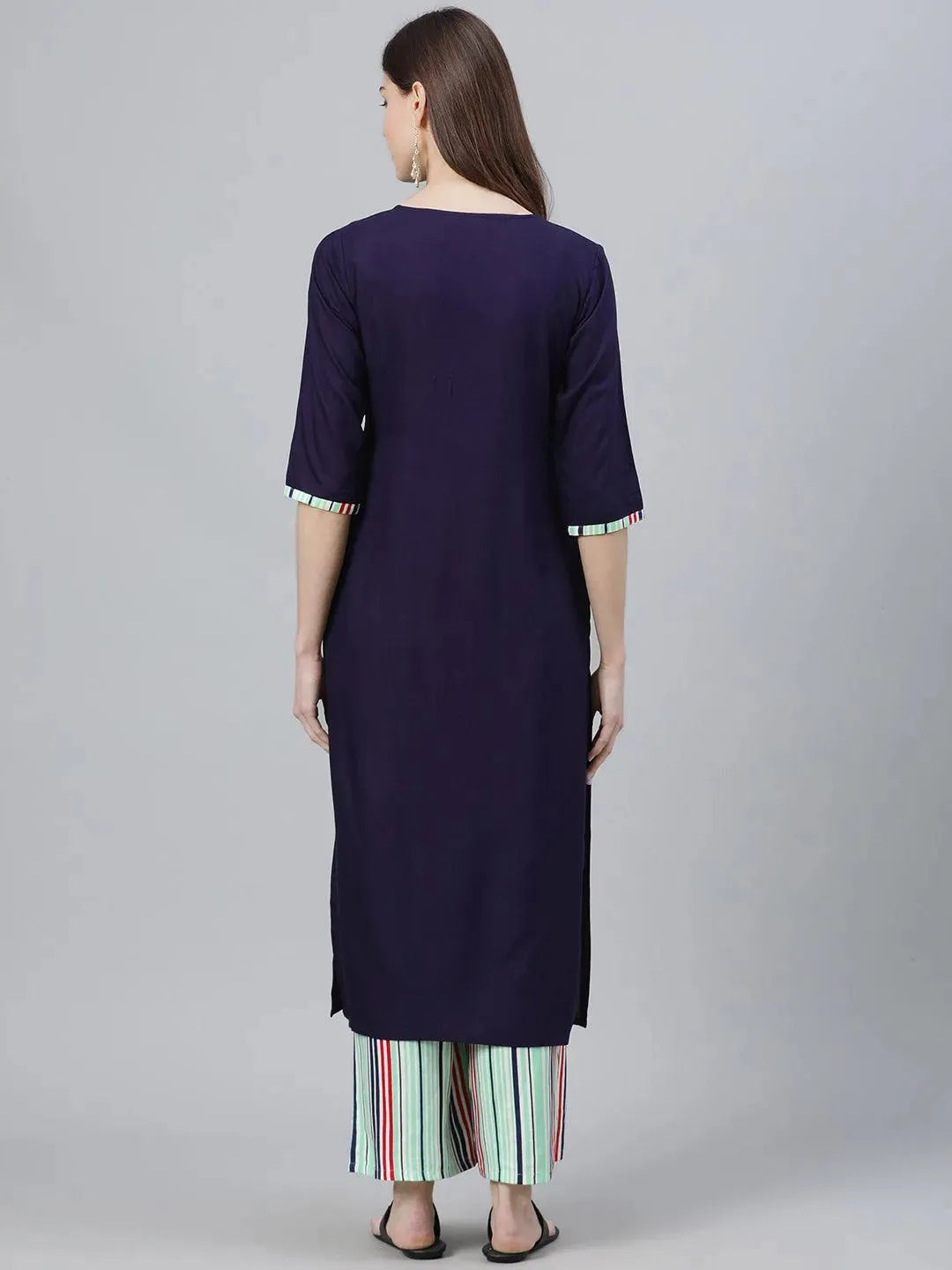 Navy Blue Solid Rayon Kurta Set - Libas 