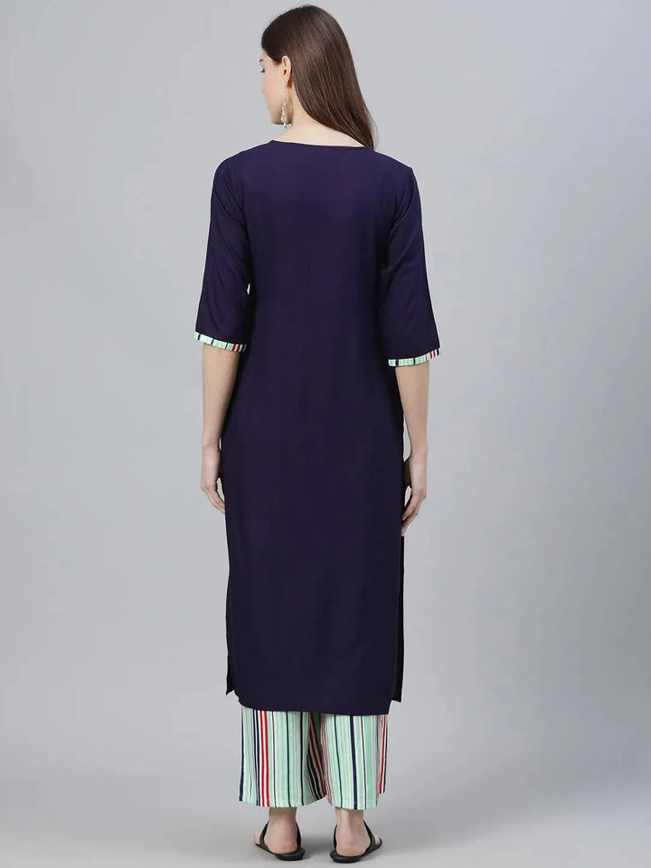 Navy Blue Solid Rayon Kurta Set - Libas