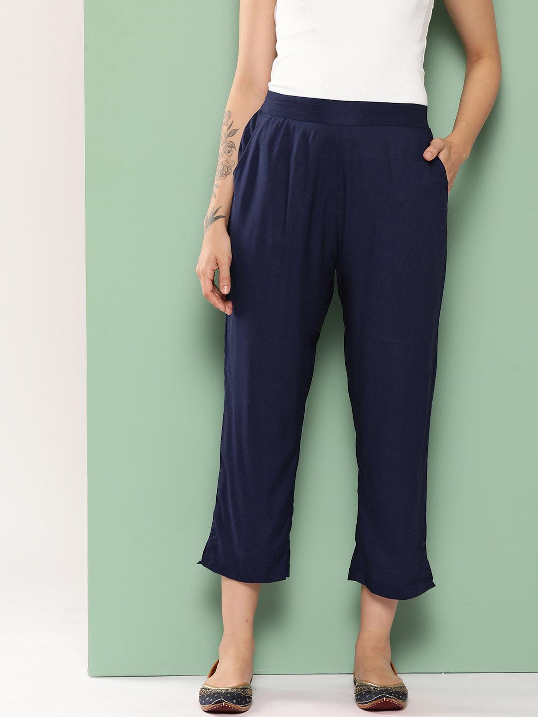 Navy Blue Solid Rayon Trousers