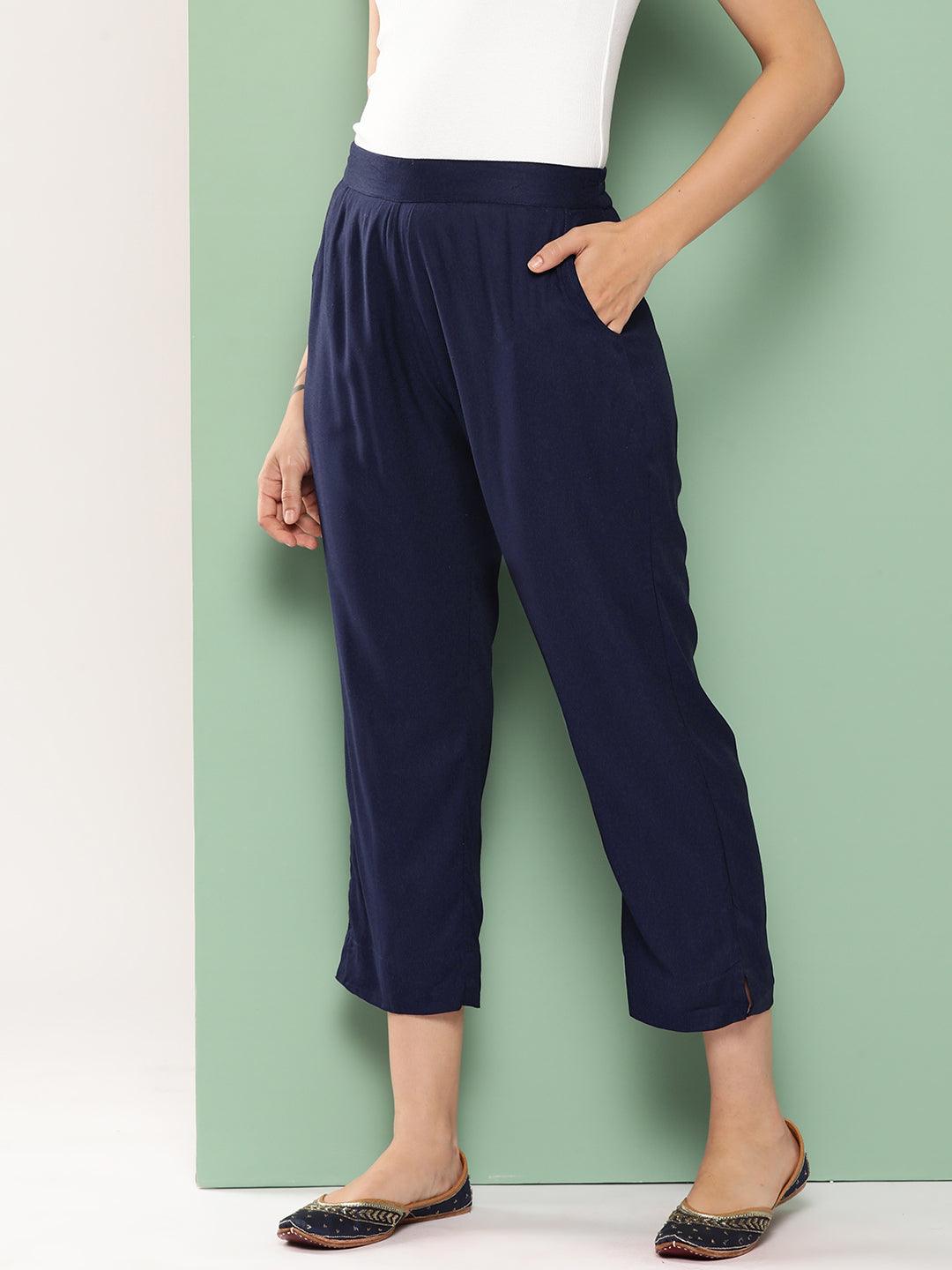 Navy Blue Solid Rayon Trousers