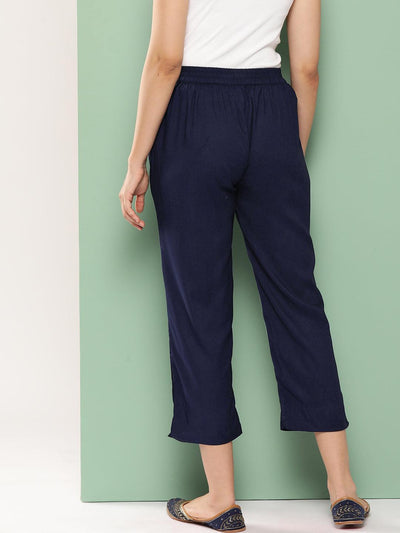 Navy Blue Solid Rayon Trousers - Libas