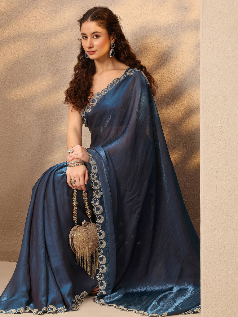 Libas Navy Blue Solid Silk Blend Saree With Unstitched Blouse Piece