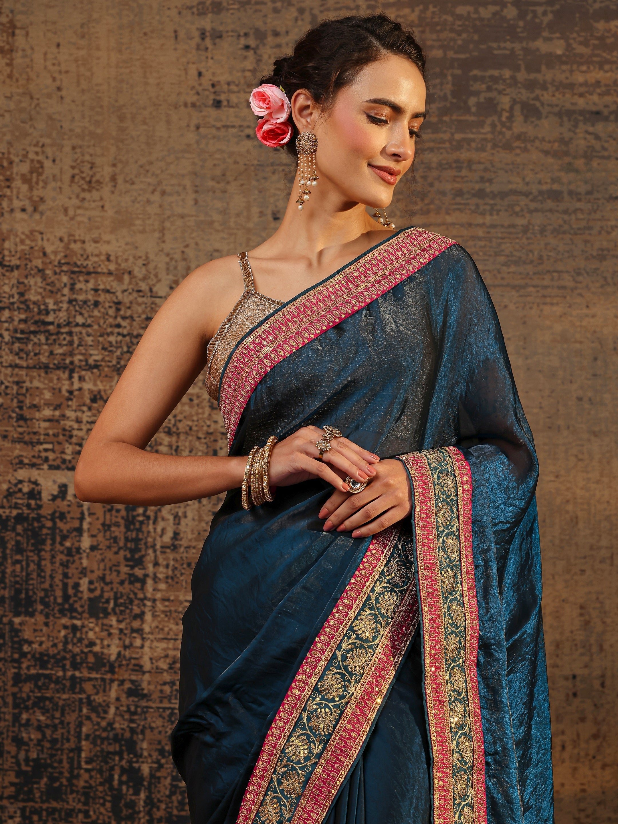 libas Navy Blue Solid Tissue Saree With Unstitched Blouse Piece-picture-21