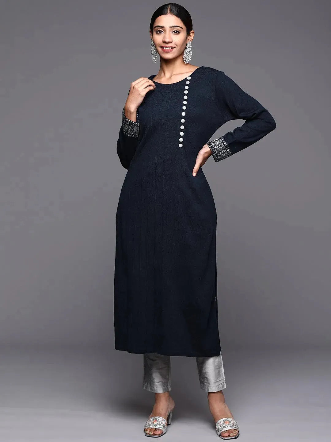 Navy Blue Solid Wool Straight Kurta - Libas
